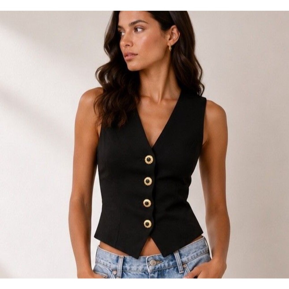 Retro Gianni Versace Jeans Couture Black Vest Women Size S Logo Buttons Chic Y2K